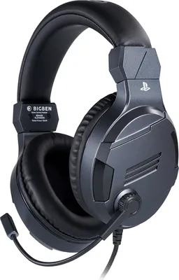 A black and gray gaming headset with a microphone is shown against a white background.