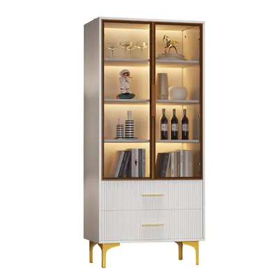 Produktbild von Flieks Glasvitrine mit LED-Beleuchtung 70x35x150 cm, Vitrine Sammlervitrine mit verstellbaren Ablagen, Standschrank Hochschrank mit Schubladen, weiß