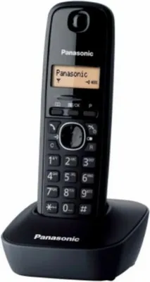 A black Panasonic cordless phone and its charging base are shown against a white background.