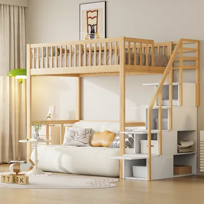 Produktbild von Flieks Etagenbett 90x200cm mit Rausfallschutz, Kinderbett mit Treppe, Hochbett mit Schubalden und Regal, Holzbett Stockbett Einzelbett, Naturbelassen