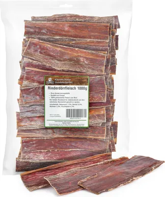 Produktbild von Kaureks Natur Hundeleckerlies Rinderdörrfleisch 1 kg. Schlund, Kausnack, Hundefutter, Kauartikel, Hundeleckerlies