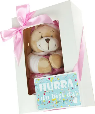 Produktbild von Baby Musikspieluhr in blau rosa | Geschenkbox Spieluhr Bär + Grußkarte – rosa