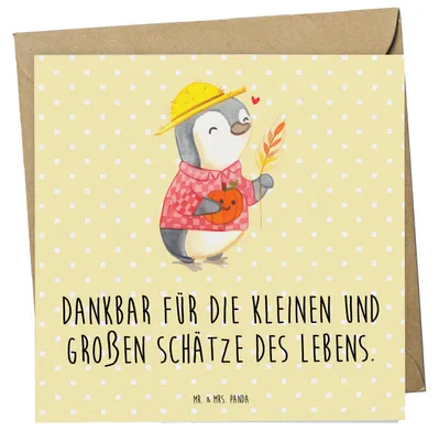 Produktbild von Mr. & Mrs. Panda Grußkarte Erntedankfest Schätze - Gelb Pastell - Geschenk, doppelkarte, Dankbarkeit, besondere Anlässe, Glückwunschkarte, faltkarte, Dankesfeier