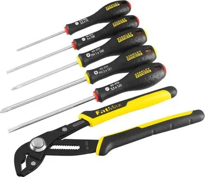 Zdjęcie produktu dla Zestaw 6 Narzędzi Stanley Fatmax, Szczypce Nastawne z Blokadą 250 mm, Wkrętaki Elektryczne i Phillips, Stal Chromowo-Wanadowa