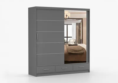 Produktbild von FRENCE Schwebetürenschrank 203 cm Grau, Kleiderschrank 2-türig mit Spiegel, Schubladen & Einlegeböden