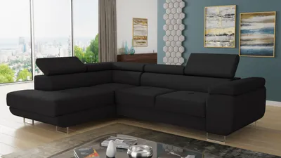 Produktbild von Ecksofa Caris mit Schlaffunktion und einstellbare Kopfstützen, Cord Stoff, Wohnlandschaft mit Bettkasten, Couch, Sofa, Bettsofa (Schwarz (Poso 135), Ecksofa Links)