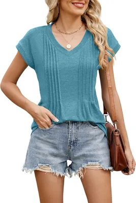 Image de ASKSA Femme Col V T-shirt Casual Manches Courtes Plissé Tunique Top Blouse Libre Elégant Hauts d'Eté (Gris Bleu,2XL)