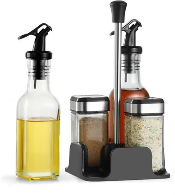 Produktbild von Unyqoos® Drehbares Gewürz-Set – 2×120 ml Gewürzgläser & 2×200 ml Öl-/Essig-Flaschen aus Borosilikatglas und Edelstahl, inkl. Gewürzregal