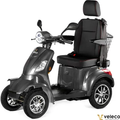 Produktbild von Veleco Faster - 4-Rad Mobilitätsroller mit Kapitänssitz - hohe Rückenlehne - 12 km/h - 1000 Watt Seniorenmobil - Kopfstütze - Elektromobil (Grau)
