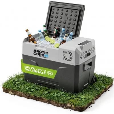 Produktbild von Belko® ArcticCore Kompressor Kühlbox 30L – elektrische Kühl- & Gefrierbox – 12/24V & 100–240V – tragbare Auto Camping Kühltruhe – grau