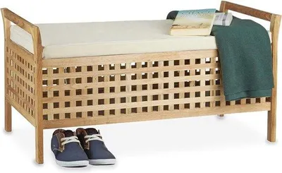 Produktbild von Hölzerner Sitzbank mit Naturweißem Linnenbezug - 2-sitziges Möbel für Küche, Flur oder Schlafzimmer mit Aufbewahrungskiste