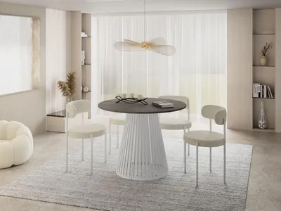 Produktbild von Esstisch Rund Ausziehbar mit Lamellen im Loft-Stil – 120 bis 200 cm – Industrieller Tisch mit Weißen Metallbeinen, Platzsparend für Wohnzimmer oder Esszimmer – Beton-Optik Dunkelgrau
