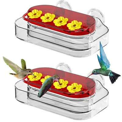 Produktbild von Kolibri Futterhäuschen Fenster 2er Set – Starke Saugnäpfe, 4 Plätze, 10 oz | Leicht zu reinigen für Garten & Balkon
