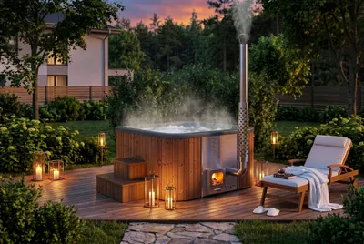 Produktbild von FinnTherm Badefass ScandiTub Premium Spa Thermoholz Ø205cm Grau inkl. Ofen