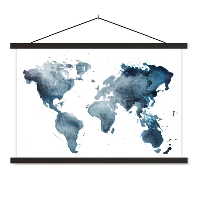 Produktbild von MuchoWow® Textilposter Weltkarte - Abstrakt - Aquarell 90x60 cm mit schwarzem Rahmen - Aufhängungssatz