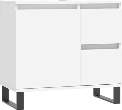 A white cabinet with a minimalist design, featuring two drawers on the right side and a larger cabinet door on the left, all supported by dark gray legs. The image is presented against a plain white background, emphasizing the clean lines and modern aesthe