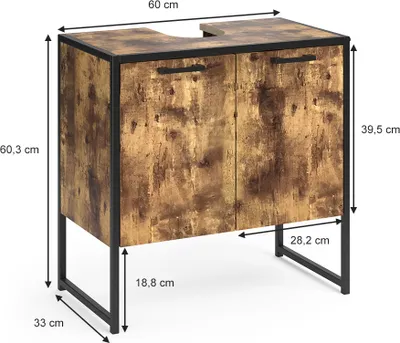 A product shot of a bathroom vanity cabinet with dimensions indicated.