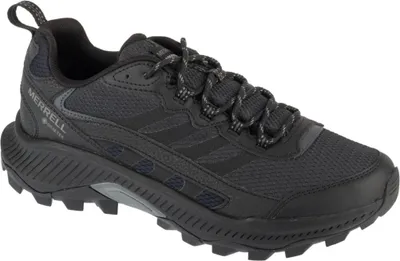 A black Merrell hiking shoe is shown from a side angle against a white background.