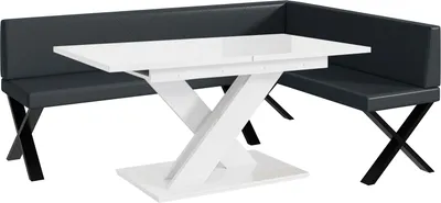 Produktbild von MEBLINI Eckbank für Esszimmer mit ausziehbarem Tisch  - Küchenbank - Essecke - Sitzecke Küche - ERIC - X-Beine 142x196x87cm Rechts - Dunkelgrau Kunstleder/B Weiß Hochgl.