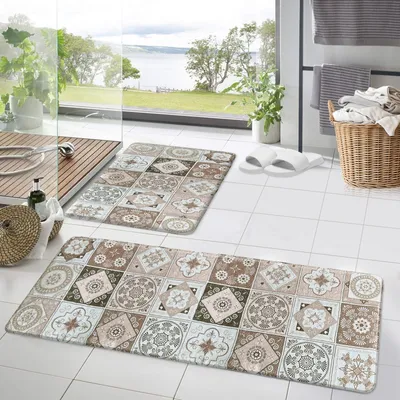 Produktbild von Badteppich Set 2 teilig Badematten Waschbar Badvorleger Teppich Läufer für Badezimmer Vintage Badvorleger Badezimmerteppich 50×160 cm+50×80 cm, Beige