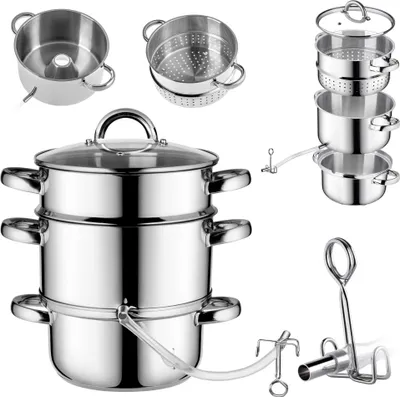A collection of stainless steel steam juicers and pots displayed against a white background.
