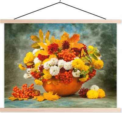 Produktbild von MuchoWow® Textilposter Blumen - Herbst - Obst 40x30 cm mit holzfarbenen Rahmen - Bilder