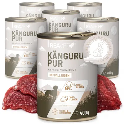 Produktbild von REAVET Hundenassfutter - Känguru PUR 6 x 400g | Reines Muskelfleisch, Hypoallergen, ohne Getreide & Zusätze, Nassfutter sensitiv für Allergiker