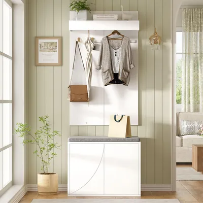 Produktbild von Merax Garderobenset, 3-in-1 Flurgarderobe Garderobenständer mit Schuhschrank, Schuhbank, Kleiderständer, 4 Haken, Garderobe für Eingangsbereich, Weiß