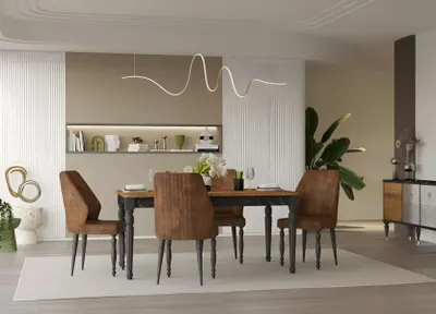 Image de Coin repas Salle à manger Table de salle à manger Chaises Ensemble 7 pièces Marron Bois Table en bois