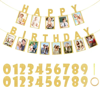 Produktbild von Geburtstagsbanner Set, goldene Glitzerbuchstaben, Länge 498 cm, für Party