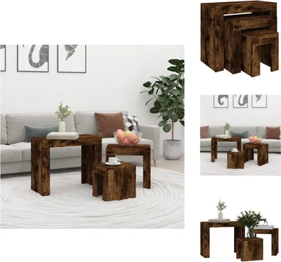 Productafbeelding van vidaXL Koffietafel, 3 stuks, stapelbaar, rook-eikenfineer, houtvezel - Salontafels