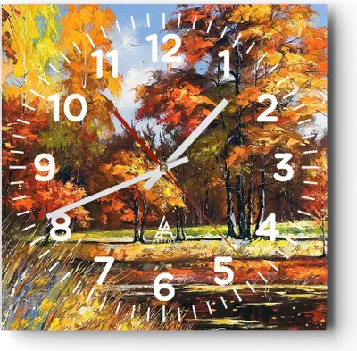 Produktbild von Wanduhr - Quadrat - Glasuhr - Park Herbst Wasser - 40x40cm - Schleichendes Uhrwerk - Lautlos - zum Aufhängen bereit - Dekoration Modern - Wanddekoration aus Glas - C4AC40x40-3536