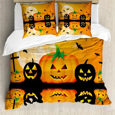 Produktbild von ABAKUHAUS Halloween Bettbezug Set, Halloween illustration mit Kürbisköpfen fürchterlich im Friedhof Mond Druck, 200 x 200 cm + 80 x 80 cm, Orange Schwarz
