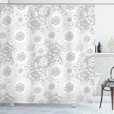 Immagine prodotto di ABAKUHAUS Tenda da doccia grigia, motivi astratti vintage con petali di rosa in tonalità pastello ripetute, 175 x 240 cm, bianco