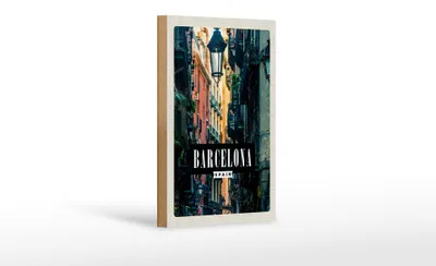 Produktbild von Holzschild Reise 12x18 cm Barcelona Spanien Gasse Panorama