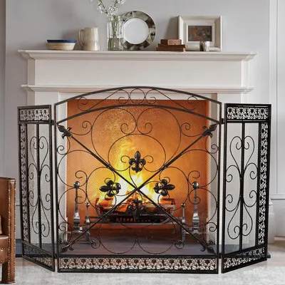 Productafbeelding van Open Haardscherm - Vonkbeschermer Hek - Veiligheid Woonkamer - Opvouwbaar 3 Panelen - 133 x 79 cm - Brons