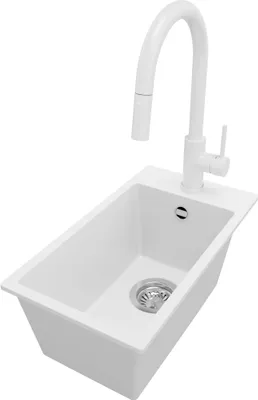 Produktbild von PRIMAGRAN Granitspüle Weiß 28x50cm, Spülbecken 1 Becken + Küchenarmatur 40x20cm + Ablauf-Set, Küchenspüle ab 30er Unterschrank - Riga