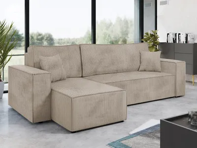 Produktbild von MIRJAN24 Ecksofa Karl Cord mit Bettkasten und Schlaffunktion, Seite universal, Rückenlehne in Form beweglicher Kissen (Farbe: Poso 02)