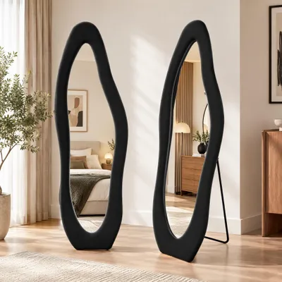 Obrázok produktu pre Zrkadlo na celé telo, 160x50 cm, asymetrické, s flanelovým polstrováním, stojace alebo nástenné zrkadlo vhodné do spálne, obývačky, šatne alebo chodby