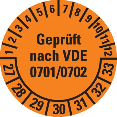 Produktbild von Dreifke® Prüfplakette  VDE 0701/0702 27-33, orange, Dokumentenfolie, Ø...
