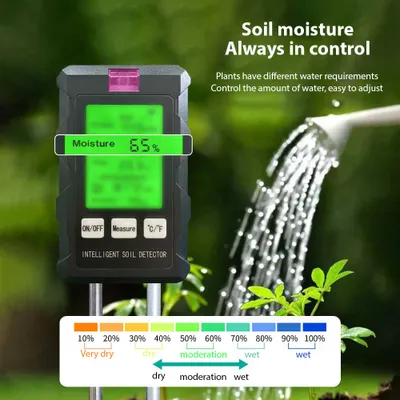 Obrázek produktu pro Měřič vlhkosti půdy pH metr 6 v 1 Vlhkost/úrodnost/hodnota pH/teplota/vlhkost/světlo 90stupňový otočný LCD displej s podsvícením Tester půdy Zahradní nástroj pro trávník, farmu, zahradu, vnitřní i venkovní použití