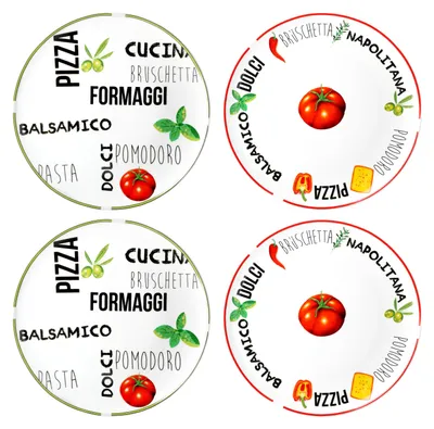 Obrázek produktu pro sada 4 talířů na pizzu Tomato | Bílé se zeleným a červeným dekorem Ø 31 cm velké Talíře na pizzu