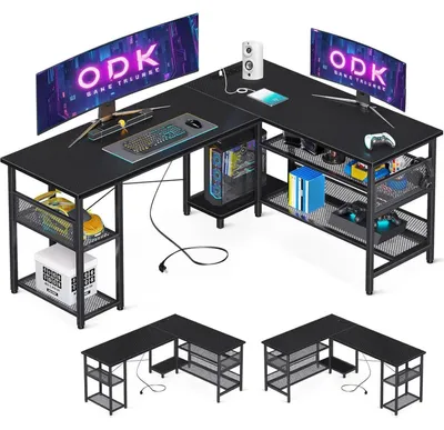 Produktbild von Gaming Tisch Eckschreibtisch mit 2 Steckdosen & 2 USB 150x102cm Kohlefaser Schwarz