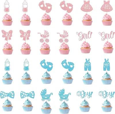Productafbeelding van Taartdecoraties voor genderonthulling, 24 stuks, blauw en roze, voor een babyshower