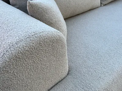 Produktbild von 3 Sitzer Ecksofa ANTONIO BARON - 260x173x78cm, Ottomane rechts/links, Schlaffunktion & Bettkasten - Eckarniutur in Bouclé-Stoff - Beige