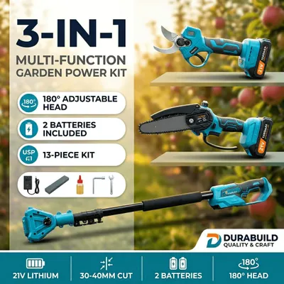 Obrázok produktu pre 3v1 akumulátorová píla na konáre, záhradné nožnice a minipiľa 21V | teleskopická tyč 2m, 360° hlava, LCD