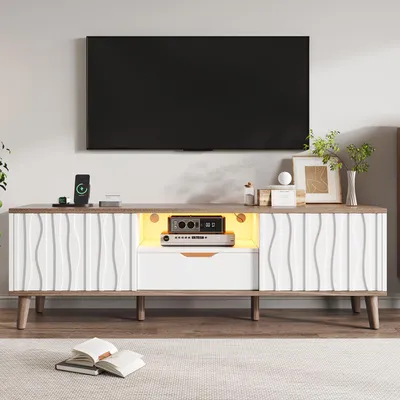 Produktbild von LED-Fernsehschrank TV-Konsole 160 x 40 x 52 cm Schiebetür Stauraum Weiß Walnuss
