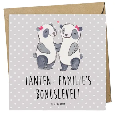 Produktbild von Mr. & Mrs. Panda Grußkarte Tante Bonuslevel - Grau Pastell - Geschenk, Nichte, Freude, Lustig, Glückwunschkarte, doppelkarte, Weihnachten, faltkarte, Klappkarte, Neffe