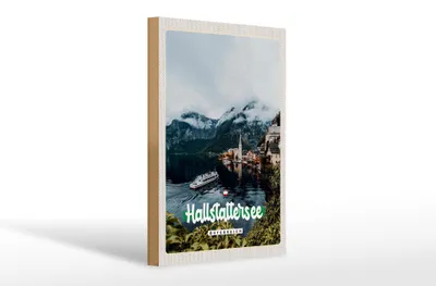 Produktbild von Holzschild Reise 20x30cm Hallstättersee Berge Schiff Berg