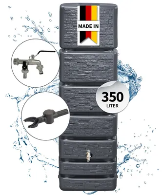 Produktbild von 4rain SLIM STONE DECOR Regentonne Wandtank Komplett-Set 350 Liter graphite grey inkl. Chrom-Doppelauslaufhahn und Fallrohranschluss